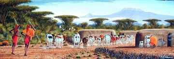 Ndeveni Maasai Moran and Cows at Manyatta Huge Oil Paintings